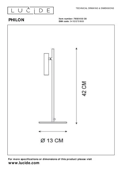 Lucide PHILON - Tafellamp - Ø 13 cm - LED Dimb. - 1x4,5W 3000K - Zwart - technisch